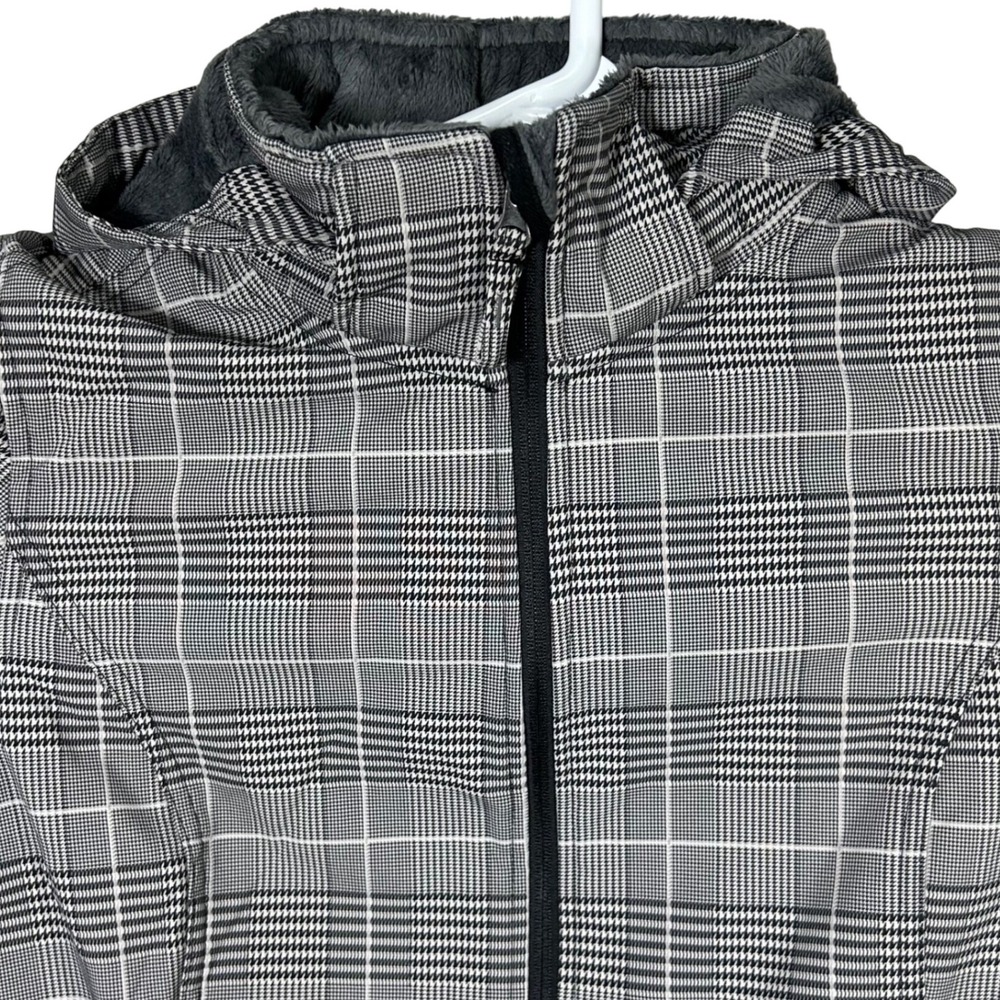 Free Country Women's Medium Plaid Hooded Jacket Coat‎ Full Zip Gray White Fleece